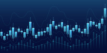 Digital Candlestick Graph Chart Of Stock In Futuristic Low Poly Wireframe Style. Web Banner Of Trading Cryptocurrency Concept. Abstract Market Investment Exchange On Technological Blue Background.