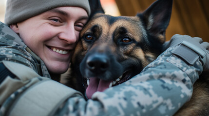 A soldier hugging his dog after returning home from deployment, mental health images, photorealistic illustration