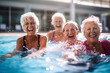 Active senior women enjoying aqua fit class in a pool, displaying joy and camaraderie, embodying a healthy, retired lifestyle