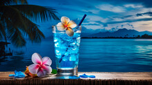 Summer Holiday Concept. Blue Hawaii Soda Cocktail On Blur Tropical Beach And Blue Sky Background.