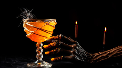 Halloween party concept. Skeleton hand holding a glass of Halloween cocktail with cold foam.