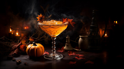 Close up view of tasty orange cocktail in a glass with decor for Halloween, on dark background