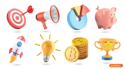 3d realistic render vector icon set. Rocket, cup, light bulb, coins, megaphone, target, megaphone, diagram. Business and finance concept
