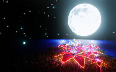 Wall Mural - red glowing flower Fantasy, science fiction style, located by the river. full moon night nature There are flowers blooming on the grass by the river. 3D Rendering.