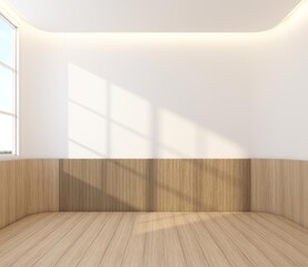 Wall Mural - Empty room decorated with white wall and wood slat wall, hide warm white ceiling lighting. 3d rendering