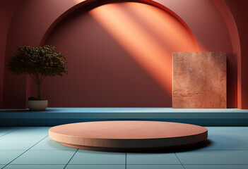 Round podium in front of blue light, image in style, minimalist direction, based on installation, playing with light and shadow in colors, light blue, orange and pink.