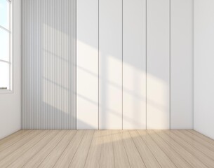 Wall Mural - Empty room decorated with white slat wall and wood floor. 3d rendering