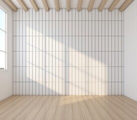 Wall Mural - Empty room decorated with white square pattern wall and wood floor, wood slat ceiling. 3d rendering
