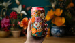 One hand holds a beverage can printed with many flowers in front of plants with pots., generative AI