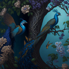 3D wallpaper , oil painting tree branch with flowers , oil painting two peacock with butterflies .5 ai generated