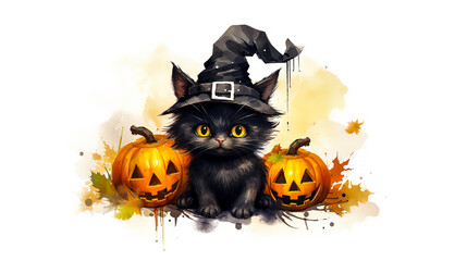 Cute black kitten wearing witch hat between Halloween pumpkins or Jack-O'-Lantern water color painting. Halloween concept. Digital illustration generative AI.