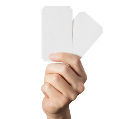 Wall Mural - Hand with two small pieces of paper or plastic (cards, tickets, flyers, invitations, coupons, banknotes, etc.), cut out