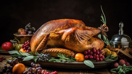 Wall Mural - a golden-brown roasted turkey on a platter for Thanksgiving dinner