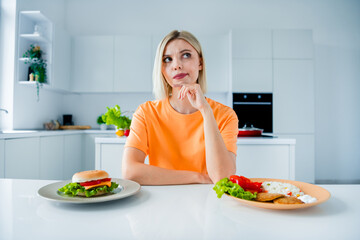 Sticker - Portrait of charming minded girl hand touch chin contemplate decide pick burger risotto plates kitchen table apartment indoors