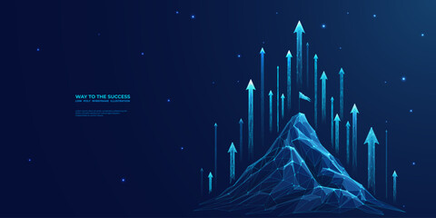 Abstract growth concept. The digital peak of a mountain with a flag on the top and arrows up. Boosting of a career or great results of a business. Low poly wireframe vector illustration.