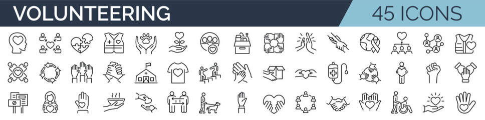 Set of 45 outline icons related to volunteering, charity, donation, aid. Linear icon collection. Editable stroke. Vector illustration
