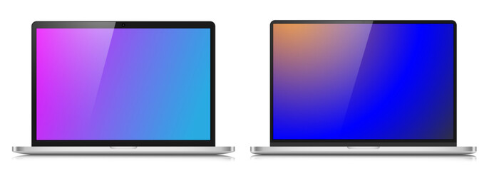 Fototapete - A set of realistic laptop layouts in a silver metal case. Two laptops with color gradient screens on a white background. Vector EPS 10.