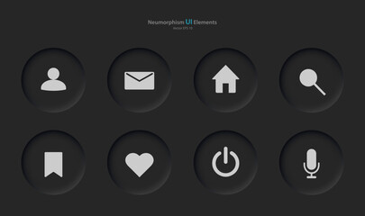 Poster - Collection of buttons for mobile devices in the style of neumorphism, UI, UX. A set of user interface elements for a mobile application in black with gray elements. Vector illustration.