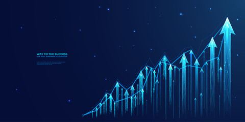 abstract digital growing arrows up graph chart on technological blue low poly wireframe background. 