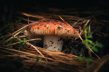 Canvas Print - a Russula species mushroom that is sitting in the dirt with grass around it