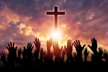 Poster - Christian worship hand on light cross background