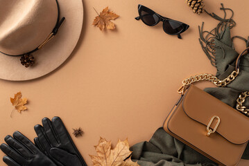 Autumn outfit idea. Top view of wide-brimmed hat, supple leather gloves, stylish cat-eye glasses, sophisticated charcoal gray scarf, shoulder bag, leaves on beige backdrop with space for text or promo