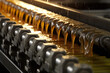 Close-up of industrial grease being applied to a chain of a conveyor belt system