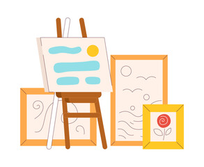 Poster - Abstract paintings semi flat colour vector object. Exhibition of paintings. Picture on easel. Editable cartoon clip art icon on white background. Simple spot illustration for web graphic design