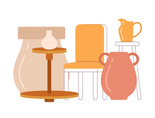 Poster - Ceramic dishes exhibition semi flat colour vector object. Pottery creative hobby. Workshop. Editable cartoon clip art icon on white background. Simple spot illustration for web graphic design