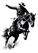 Cowboy Riding A Bucking Rodeo Horse Illustration On A White Background