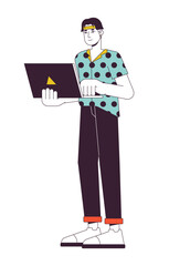 Poster - Busy asian worker flat line color vector character. Editable outline full body freelancer programming on white. Simple cartoon spot illustration for web graphic design