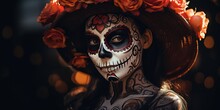 Halloween Beauty Portrait Of Death Skeleton Woman, Makeup On Her Face.