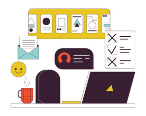 Poster - Workplace flat line concept vector spot illustration. Home office and multitasks 2D cartoon outline objects on white for web UI design. Editable isolated color hero image
