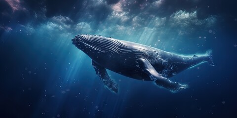 Aufkleber - A large humpback whale swims in the clouds, the starry sky and the planet.