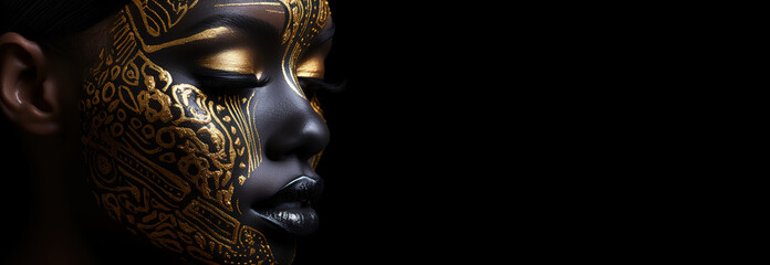 beauty girl with black skin color, body art, golden make-up, lips, eyelids, fingertips, nails painte