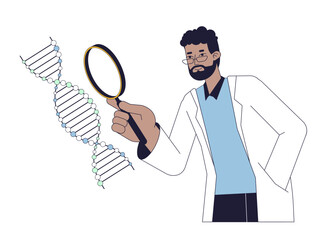 Poster - scientist study dna helix flat line concept vector spot illustration. biotechnology and engineering 