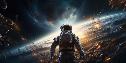 Poster - Cosmonaut astronaut opens new worlds panorama of galaxies, a fantastic portal to a distant universe.