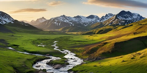 Poster - Fabulous sunrise and sunset in the mountains, amazing nature, spring in the mountains. Travel and hike