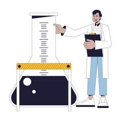 Aufkleber - Control of experiment flat line concept vector spot illustration. Excited chemist holding big flask 2D cartoon outline character on white for web UI design. Editable isolated color hero image