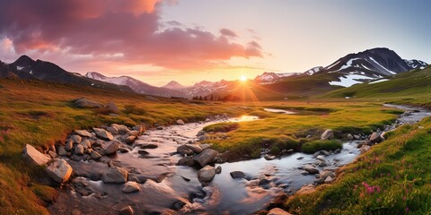 Poster - Fabulous sunrise and sunset in the mountains, amazing nature, spring in the mountains. Travel and hike