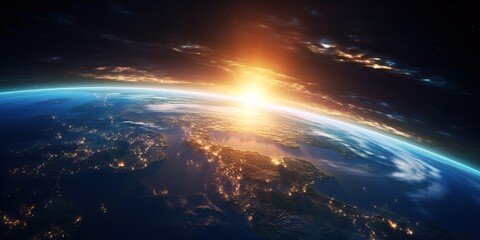Aufkleber - Planet earth dawn sunset from space. Silhouette of the planet Earth in the rays of the sun against the background of space stars and galaxies.