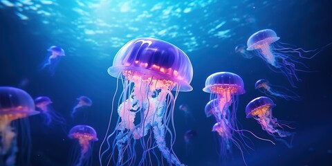 Aufkleber - Glowing jellyfish swim deep in the blue sea.