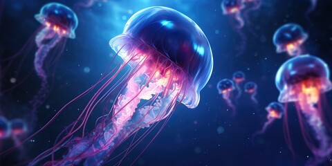 Aufkleber - Glowing jellyfish swim deep in the blue sea.