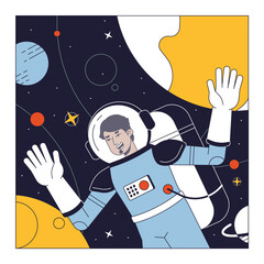 Poster - Astronaut in space suit flat line concept vector spot illustration. Arabian man exploring space 2D cartoon outline character on white for web UI design. Editable isolated color hero image