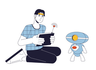 Poster - robotics engineer flat line concept vector spot illustration. man with wireless console testing robo