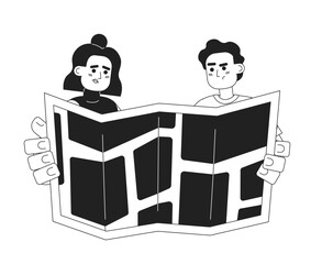 Poster - Unhappy travelers holding on map monochrome concept vector spot illustration. Young people looking on location 2D flat bw cartoon characters on white for web UI design. Isolated editable hero image
