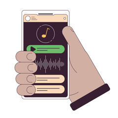 Poster - Music app on smartphone flat line concept vector spot illustration. Listening to music. Holding gadget 2D cartoon outline hand on white for web UI design. editable isolated color hero image