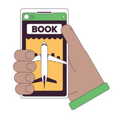 Poster - Ticket booking flat line concept vector spot illustration. Holding smartphone for buying tickets on plane 2D cartoon outline hand on white for web UI design. editable isolated color hero image