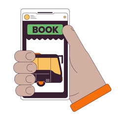 Poster - Buying tickets on train online flat line concept vector spot illustration. Holding smartphone 2D cartoon outline hand on white for web UI design. editable isolated color hero image