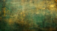 Distressed Painted Antique Wall In Green, Pine Green And Gold Texture. Beautiful Distressed, Weathered,  Luxury Vintage Aged Metal Surface. Ancient, Decayed, Vintage Texture Parchment, Background.